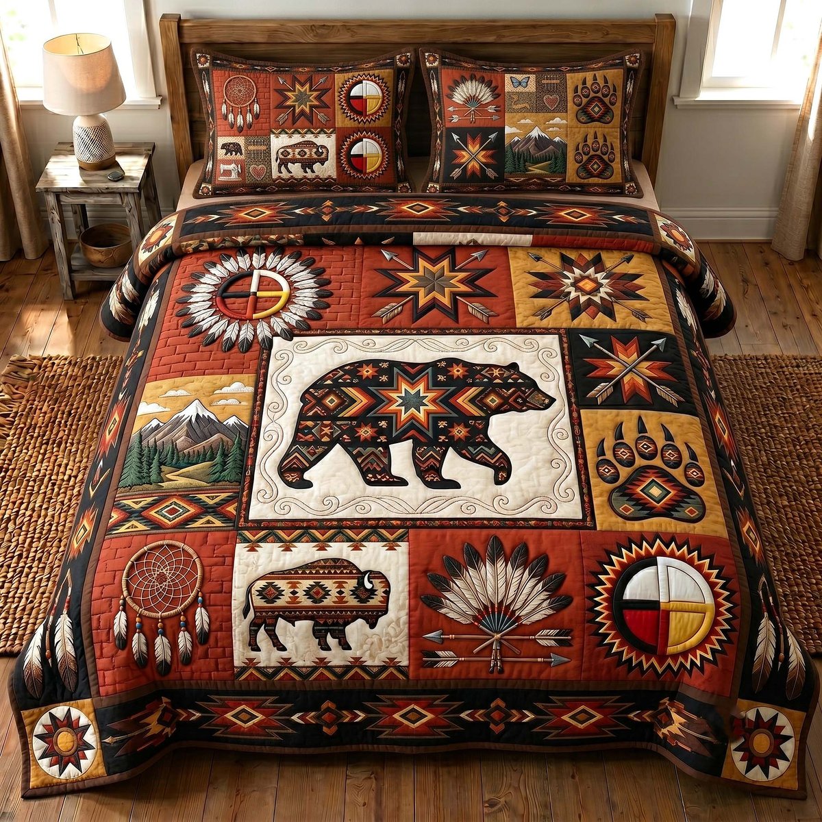 Ancestral Roots Bear 3 Piece Quilted Bedding Set Gift For Bear Lovers