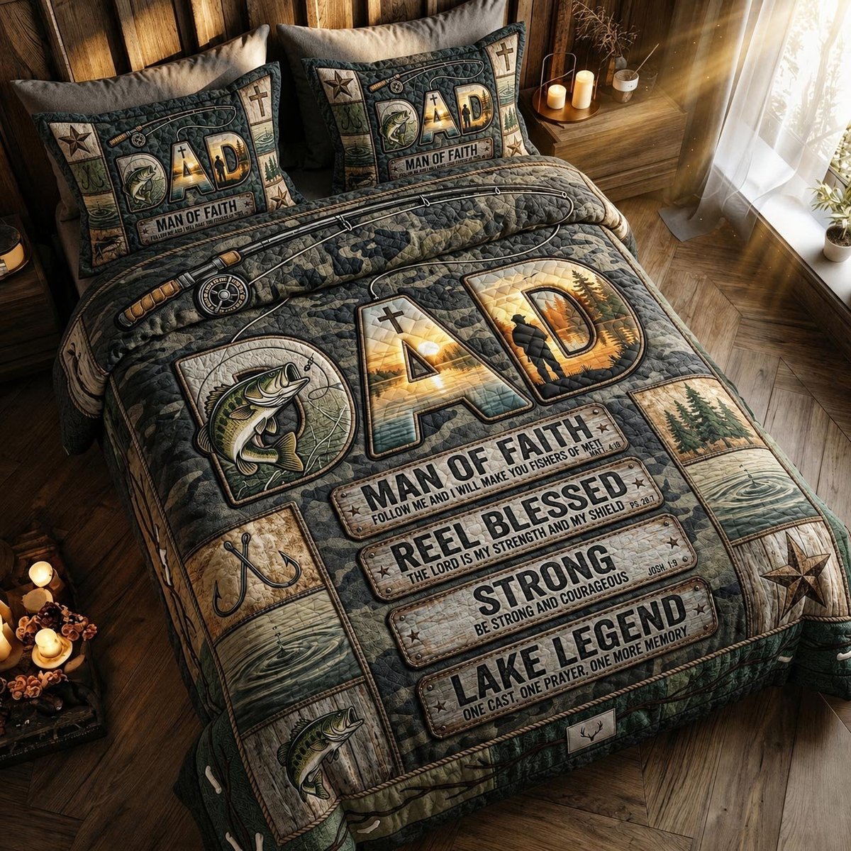 Faith Waters Fishing 3 Piece Quilted Bedding Set Gift For Christians