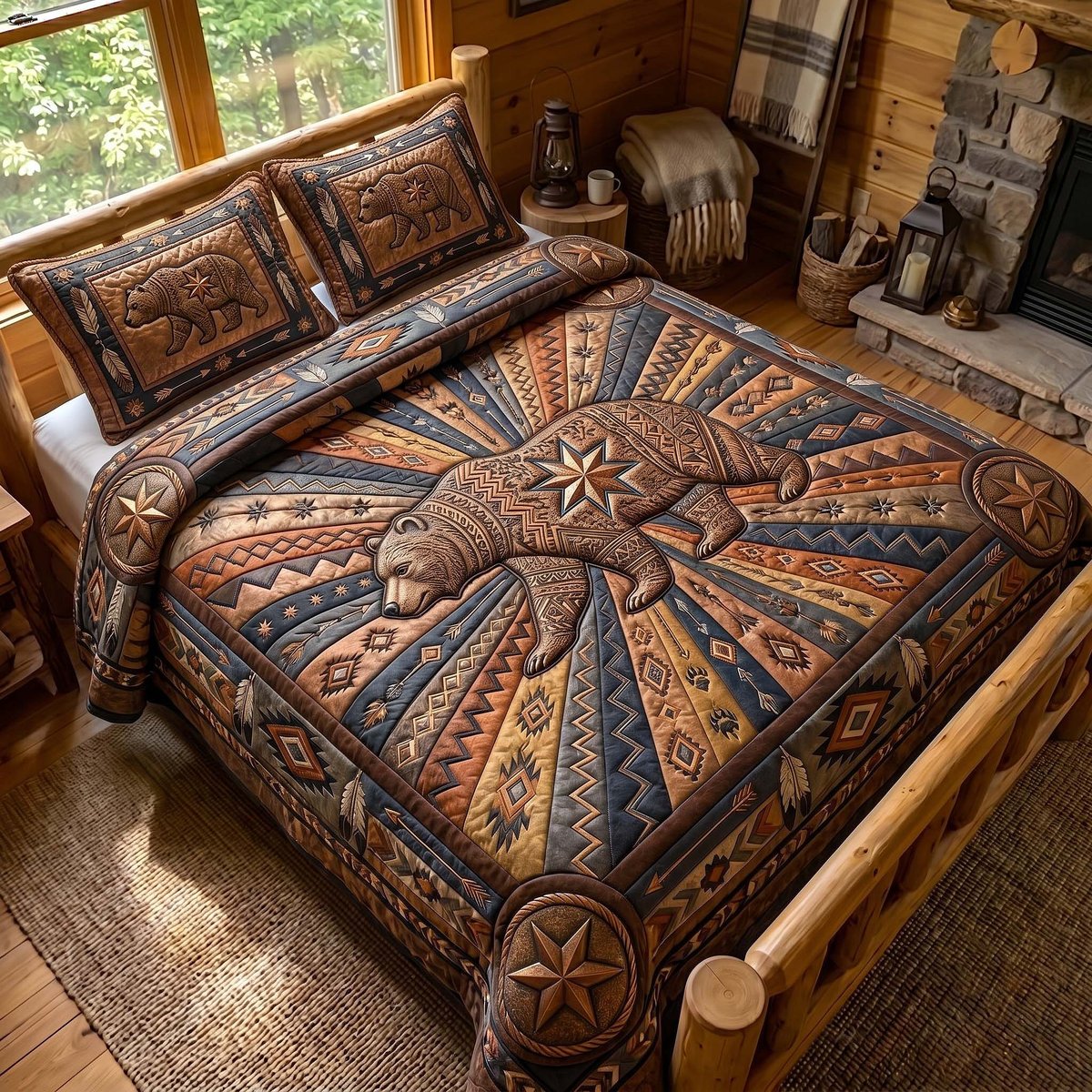 Ancestral Bear 3 Piece Quilted Bedding Set Gift For Bear Lovers
