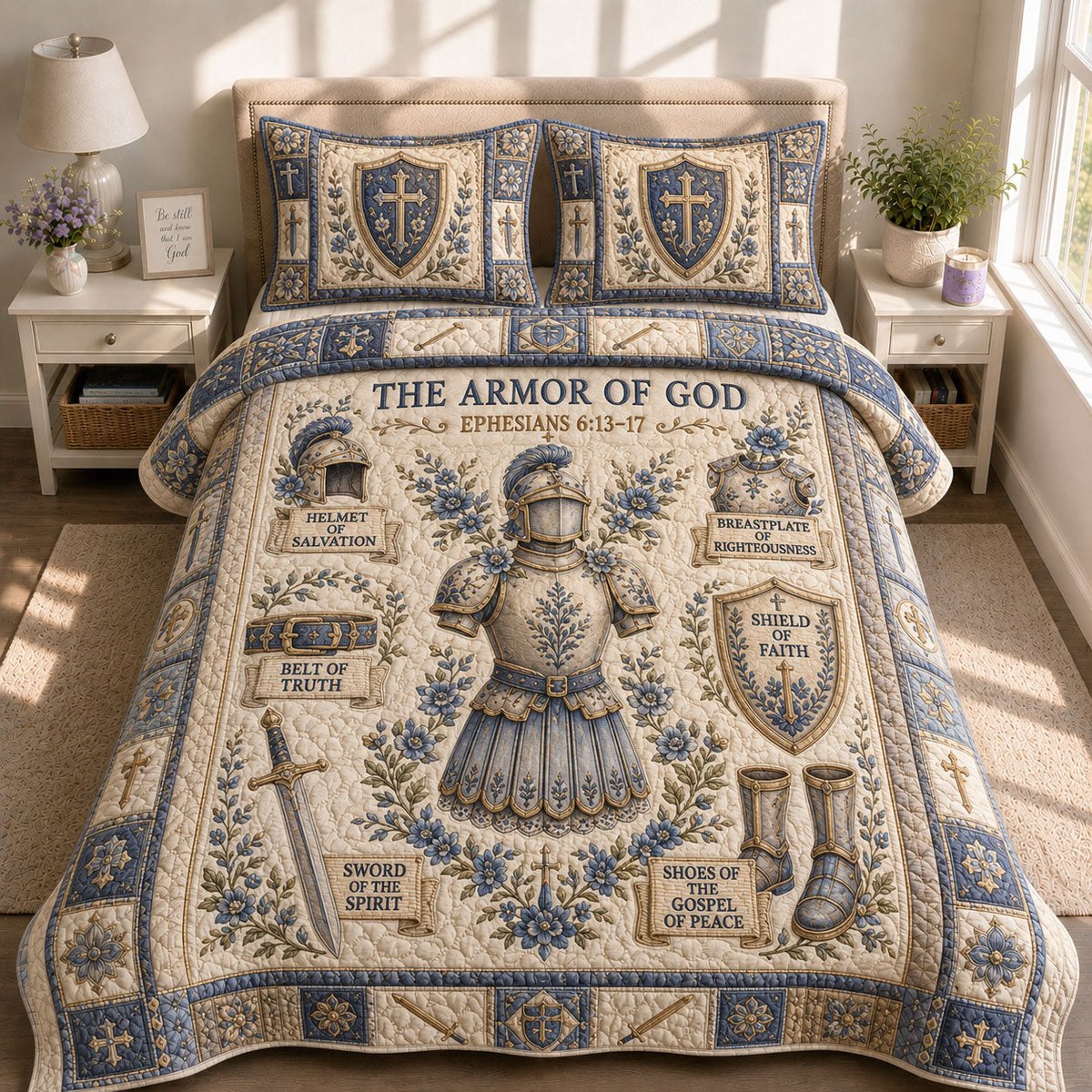 Armor of God 3 Piece Quilted Bedding Set Gift For Christians