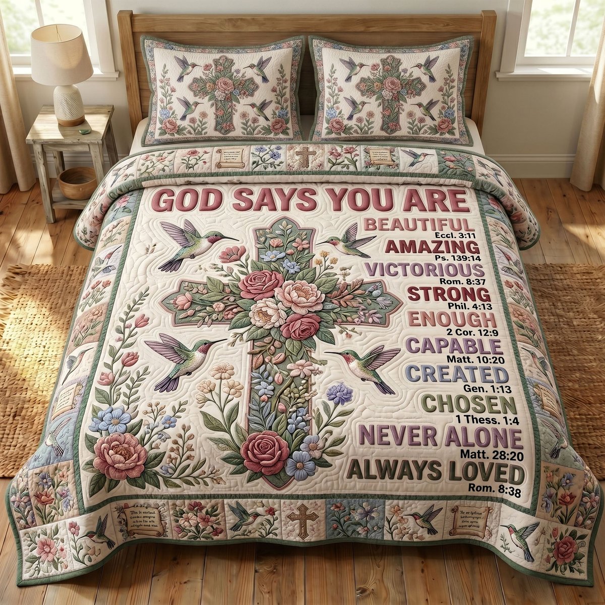 Floral Bible 3 Piece Quilted Bedding Set Gift For Christians