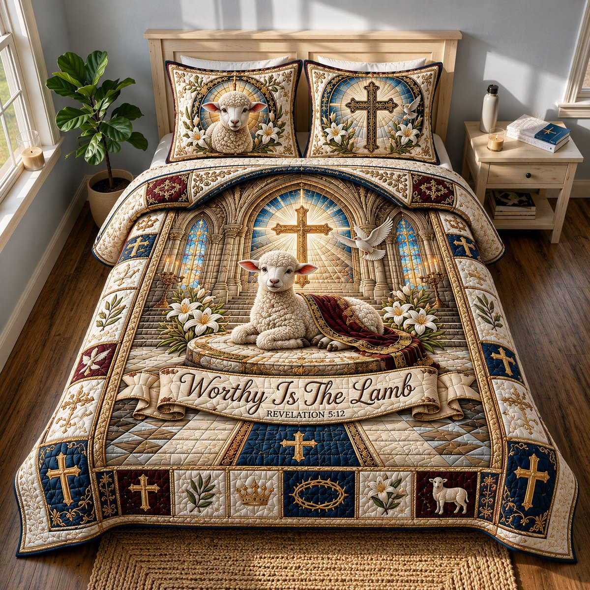 Worthy Lamb 3 Piece Quilted Bedding Set Gift For Christians