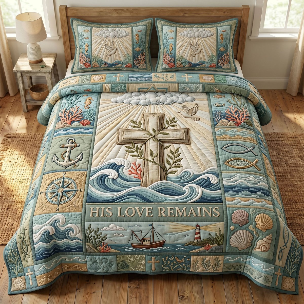Coastal Christian 3 Piece Quilted Bedding Set Gift For Christians