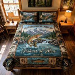 Hooked Faith Fishing 3 Piece Quilted Bedding Set Gift For Christians