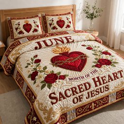 Sacred Heart of Jesus 3 Piece Quilted Bedding Set Gift For Christians