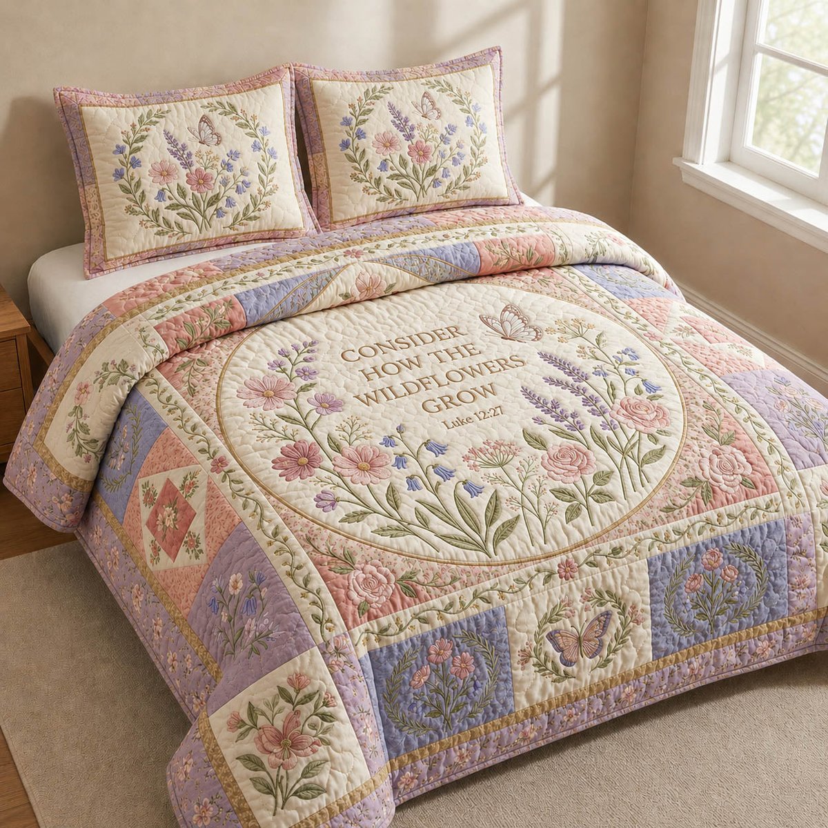 Wildflowers Luke 12 27 3 Piece Quilted Bedding Set Gift For Bird Lovers