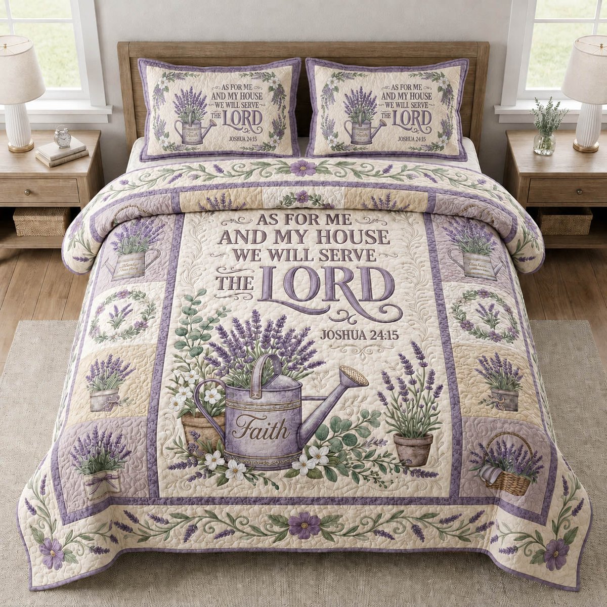 Faithful Garden Lavender Christian 3 Piece Quilted Bedding Set Gift For Flower Lovers