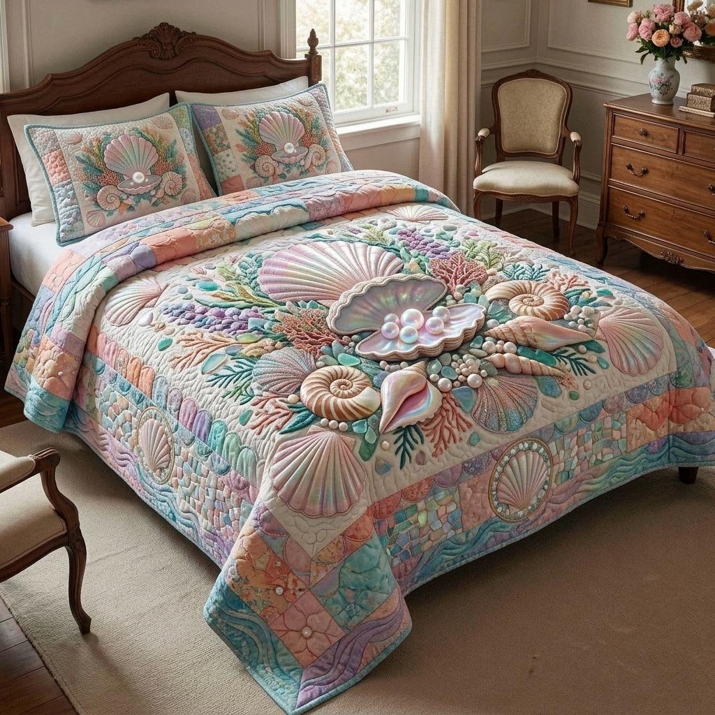 Coastal Shell Beach 3 Piece Quilted Bedding Set Gift For Beach Lovers