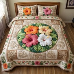 Summer Hibiscus 3 Piece Quilted Bedding Set Gift For Beach Lovers