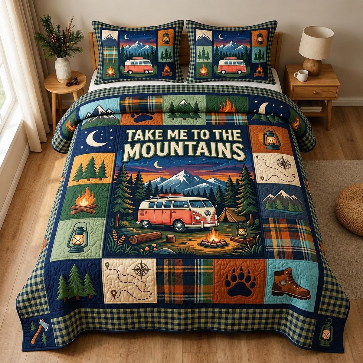Camp Vibes 3 Piece Quilted Bedding Set Gift For Nature Lovers