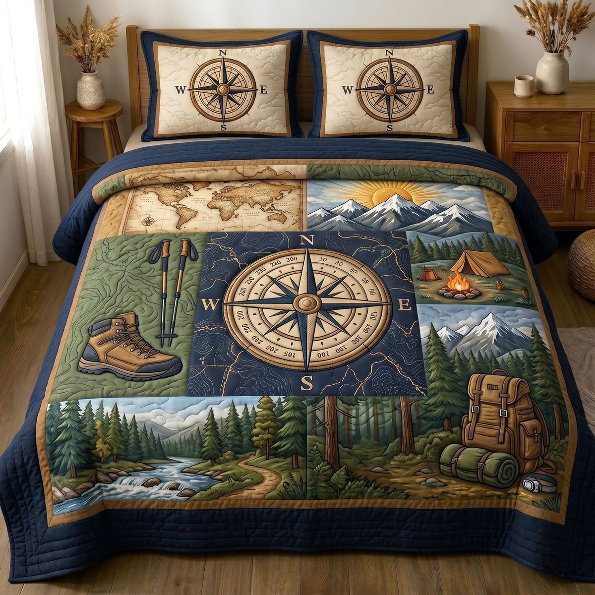 Camping Life 3 Piece Quilted Bedding Set Gift For Campers