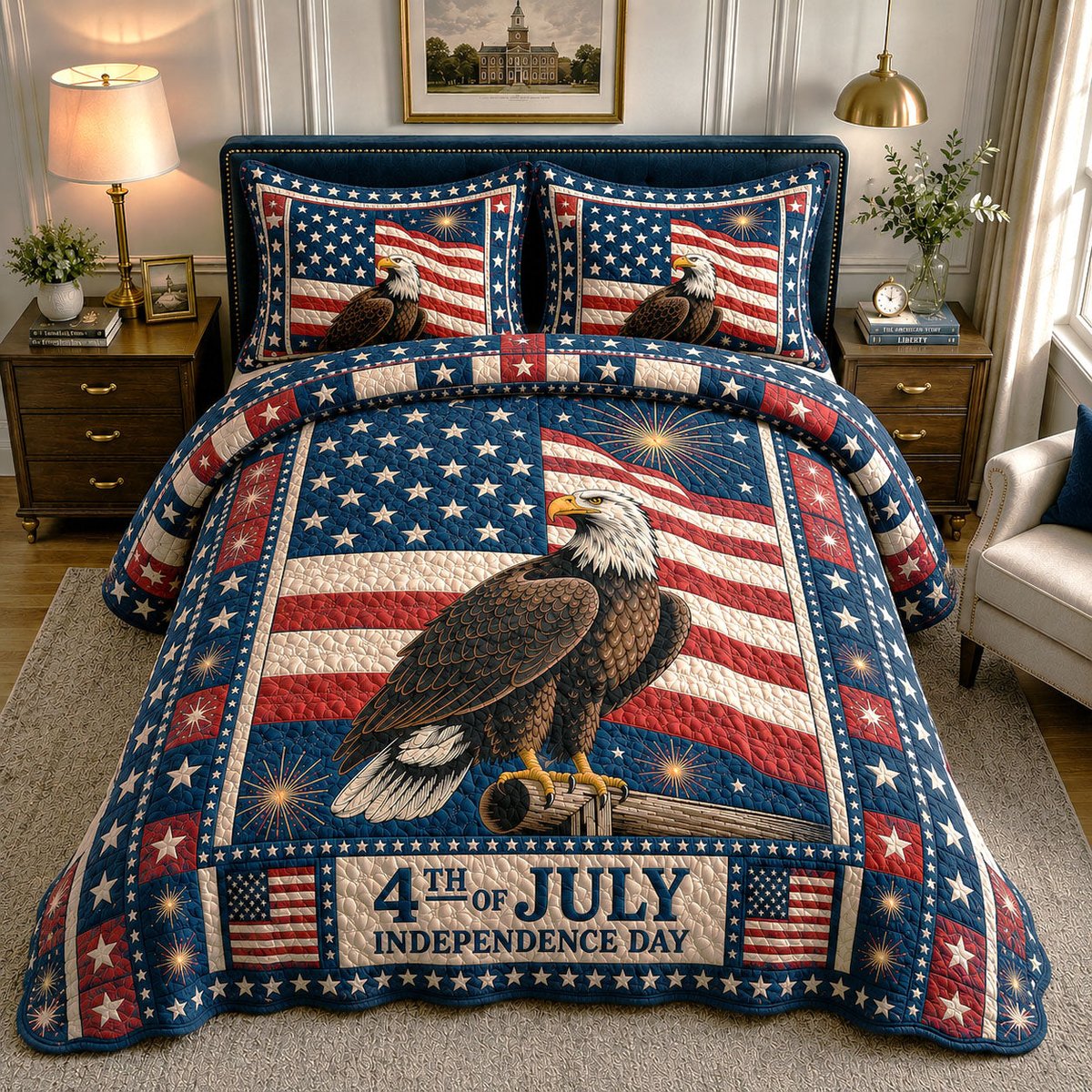 Bald Eagle 3 Piece Quilted Bedding Set 4th of July Gift For Home Decor Lovers