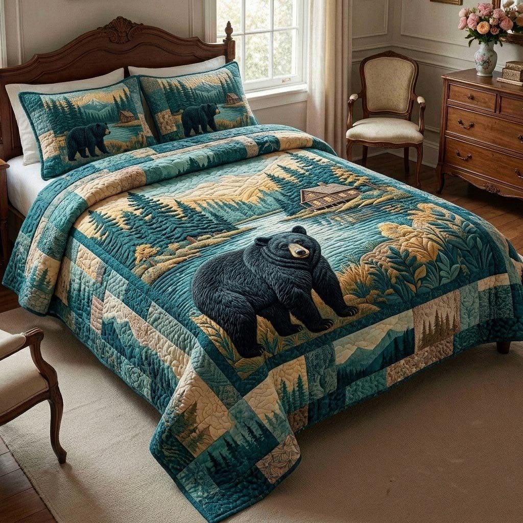 Lodge Bear 3 Piece Quilted Bedding Set Gift For Bear Lovers