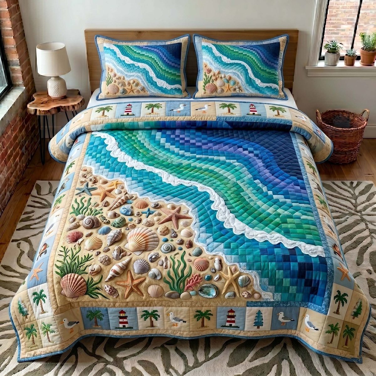 Coastal Whisper Beach 3 Piece Quilted Bedding Set Gift For Beach Lovers