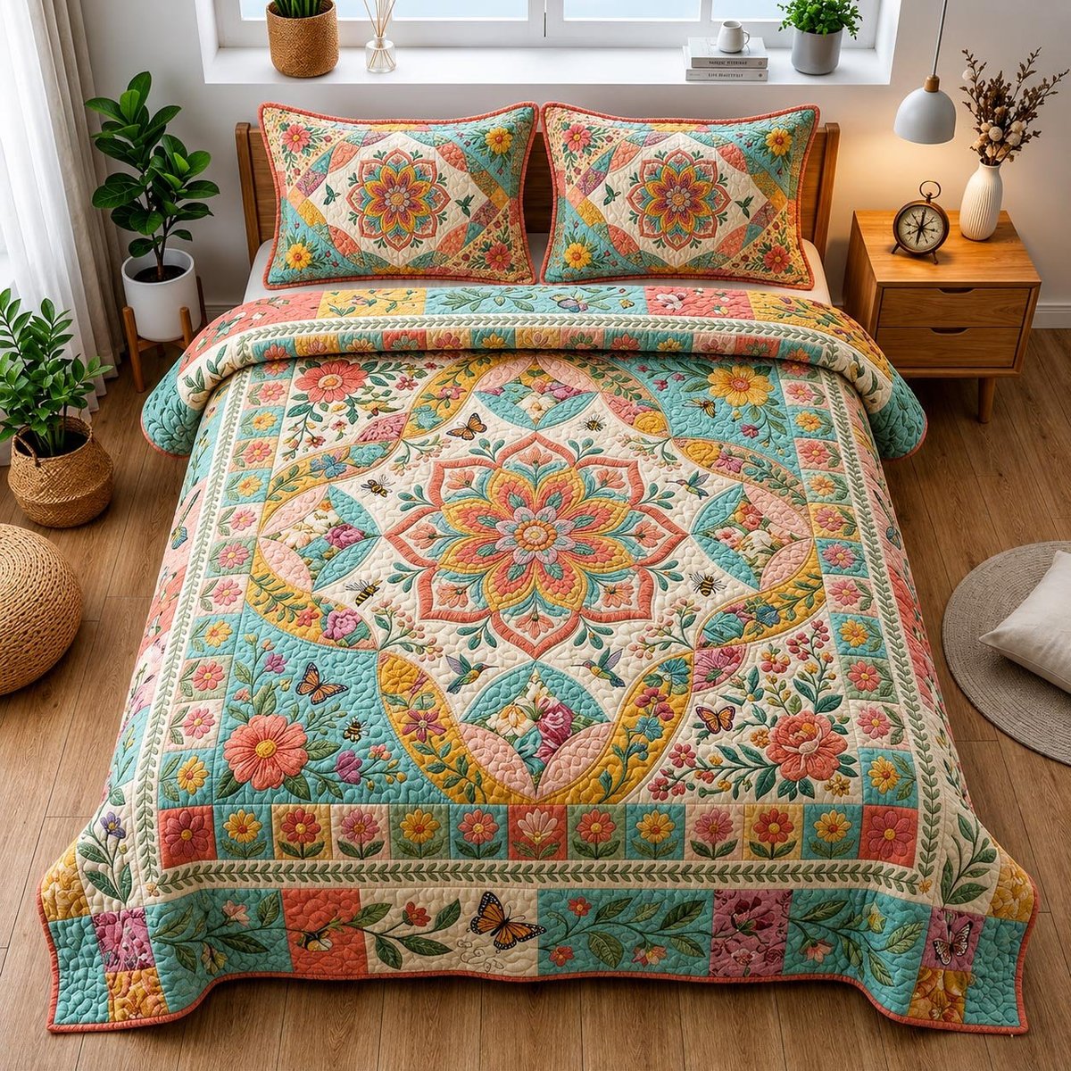 Flower Retreat 3 Piece Quilted Bedding Set Gift For Flower Lovers