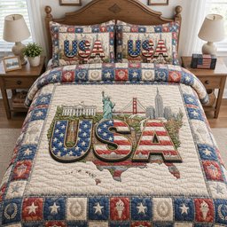 USA Pride 3 Piece Quilted Bedding Set Gift For Home Decor Lovers