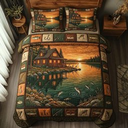 Sunset Fishing Cabin 3 Piece Quilted Bedding Set Gift For Fishing Lovers