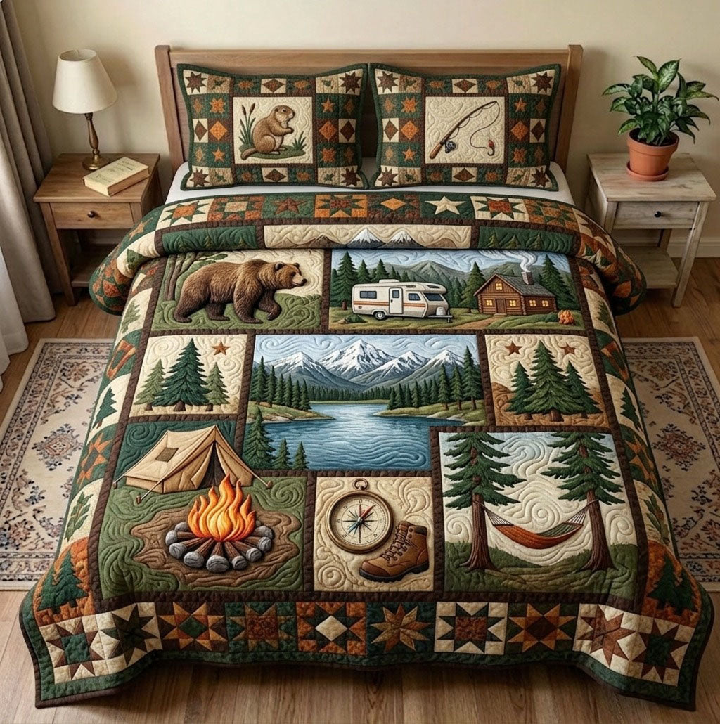 Camping Life 3 Piece Quilted Bedding Set Gift For Campers
