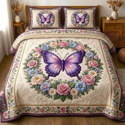 Golden Butterfly 3 Piece Quilted Bedding Set Gift For Butterfly Lovers