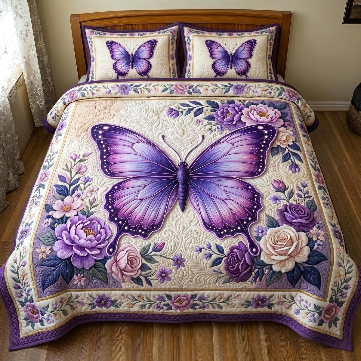 Butterfly Dream 3 Piece Quilted Bedding Set Gift For Butterfly Lovers