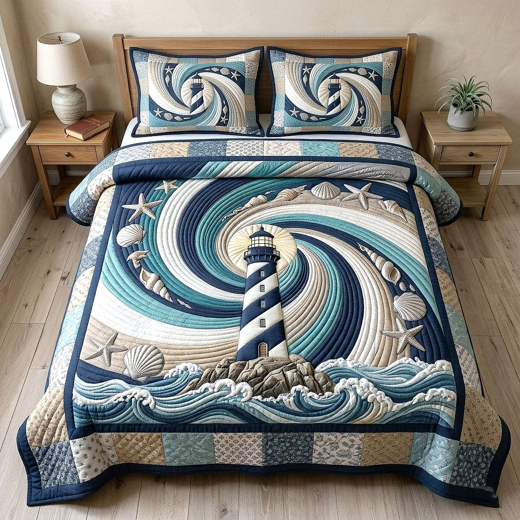 Coastal Glow Nautical 3 Piece Quilted Bedding Set Gift For Beach Lovers
