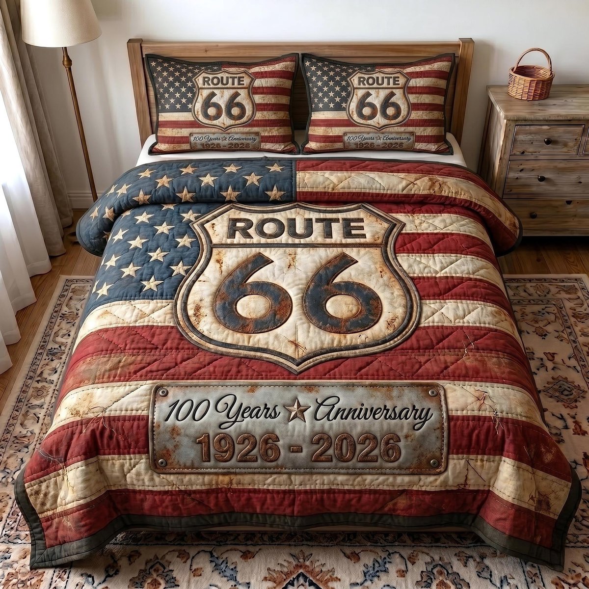 Route 66 Centennial 3 Piece Quilted Bedding Set Gift For Home Decor Lovers