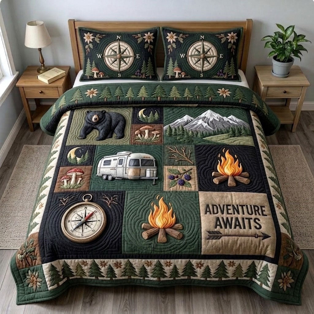 Camping Life 3 Piece Quilted Bedding Set Gift For Campers