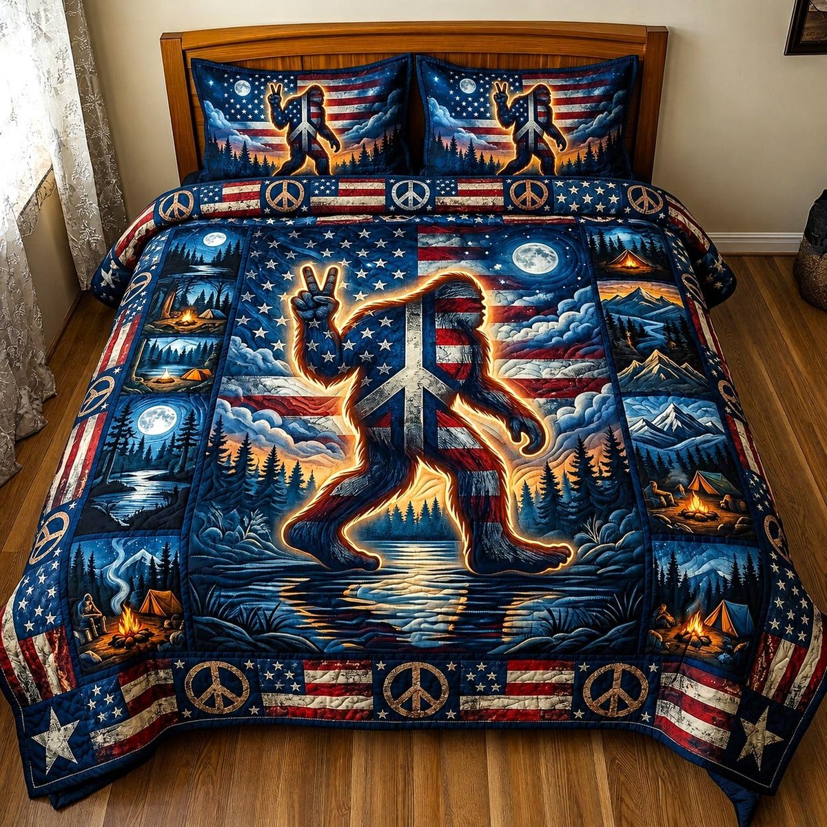 Peace Squatch 3 Piece Quilted Bedding Set Gift For Nature Lovers