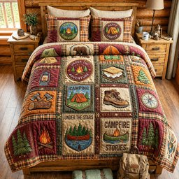 Camping Badge Deer 3 Piece Quilted Bedding Set Gift For Campers