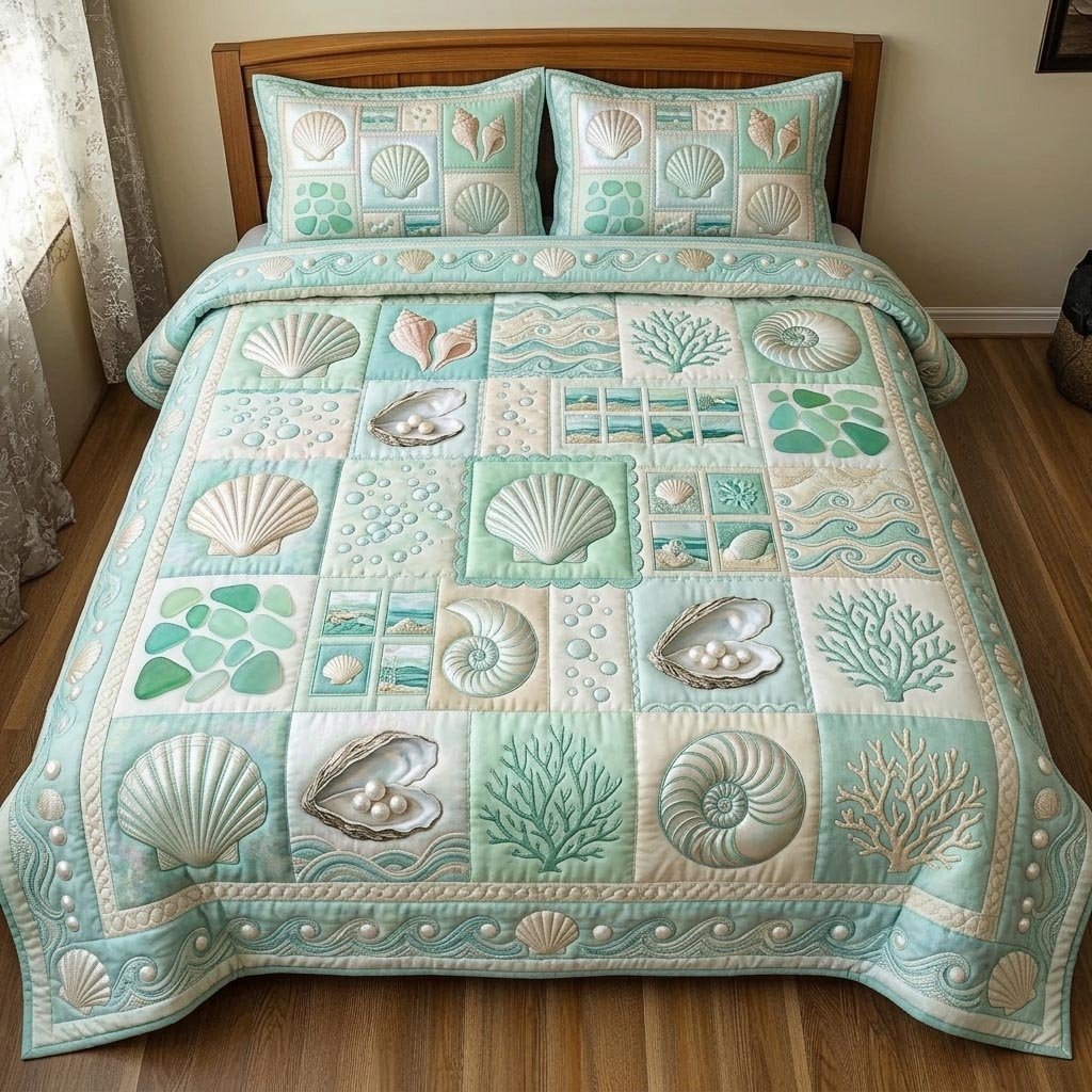 Shoreline Gems Beach 3 Piece Quilted Bedding Set Gift For Beach Lovers