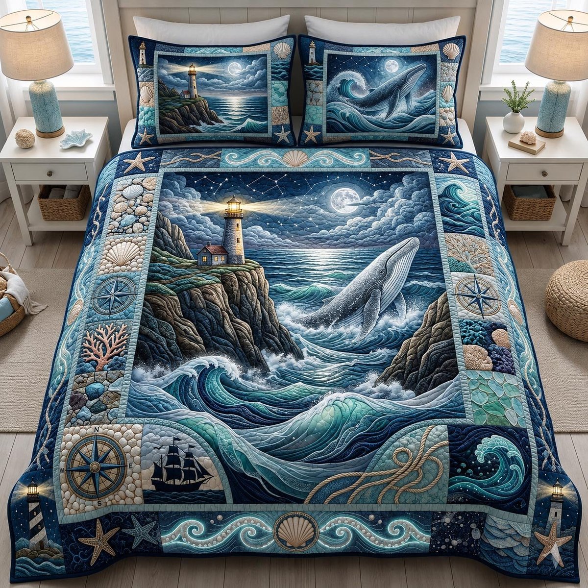 Coastal Tide Beach 3 Piece Quilted Bedding Set Gift For Beach Lovers