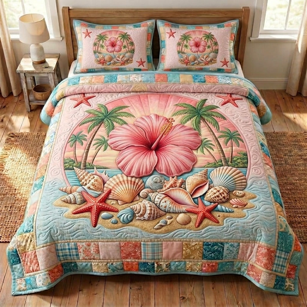 Summer Hibiscus 3 Piece Quilted Bedding Set Gift For Beach Lovers