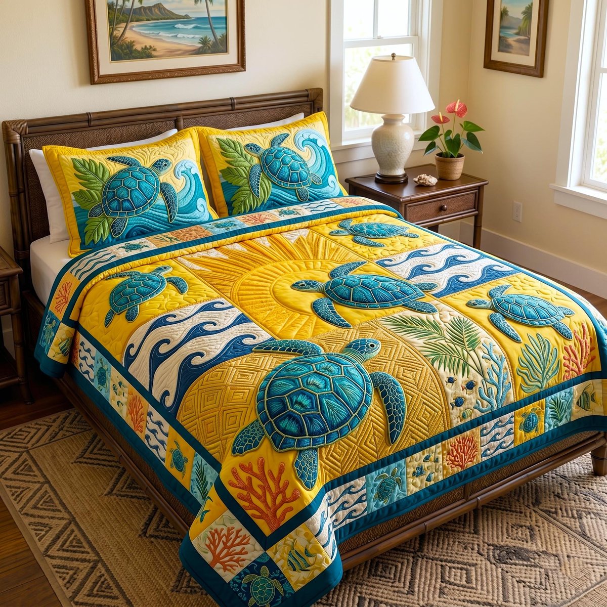 Turtle Spirit Beach 3 Piece Quilted Bedding Set Gift For Turtle Lovers