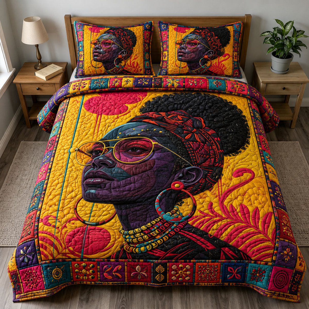 Vibrant Afro Queen 3 Piece Quilted Bedding Set Gift For Western Lovers
