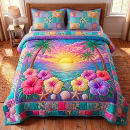 Summer Hibiscus 3 Piece Quilted Bedding Set Gift For Beach Lovers