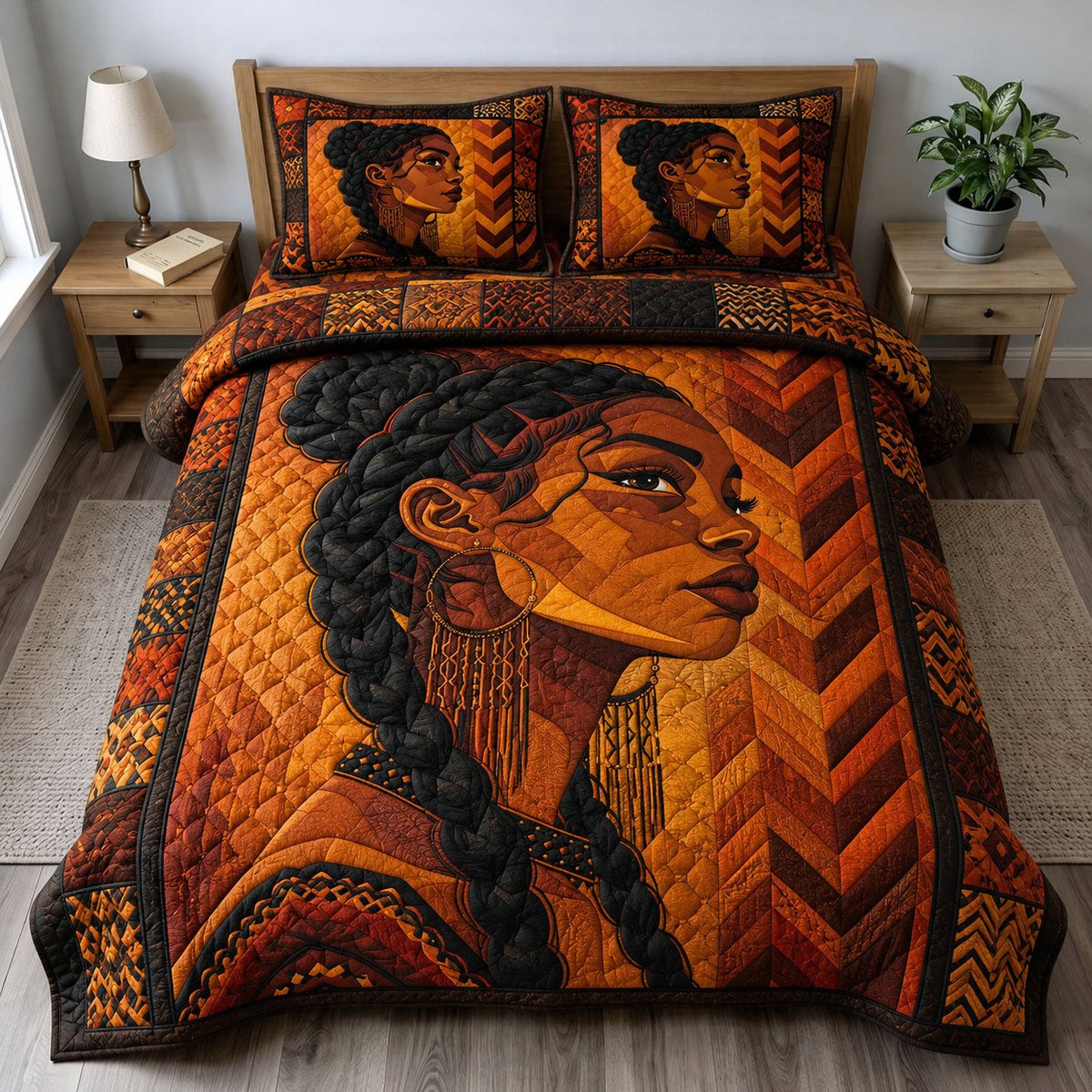 Golden Kente Queen 3 Piece Quilted Bedding Set Gift For Western Lovers