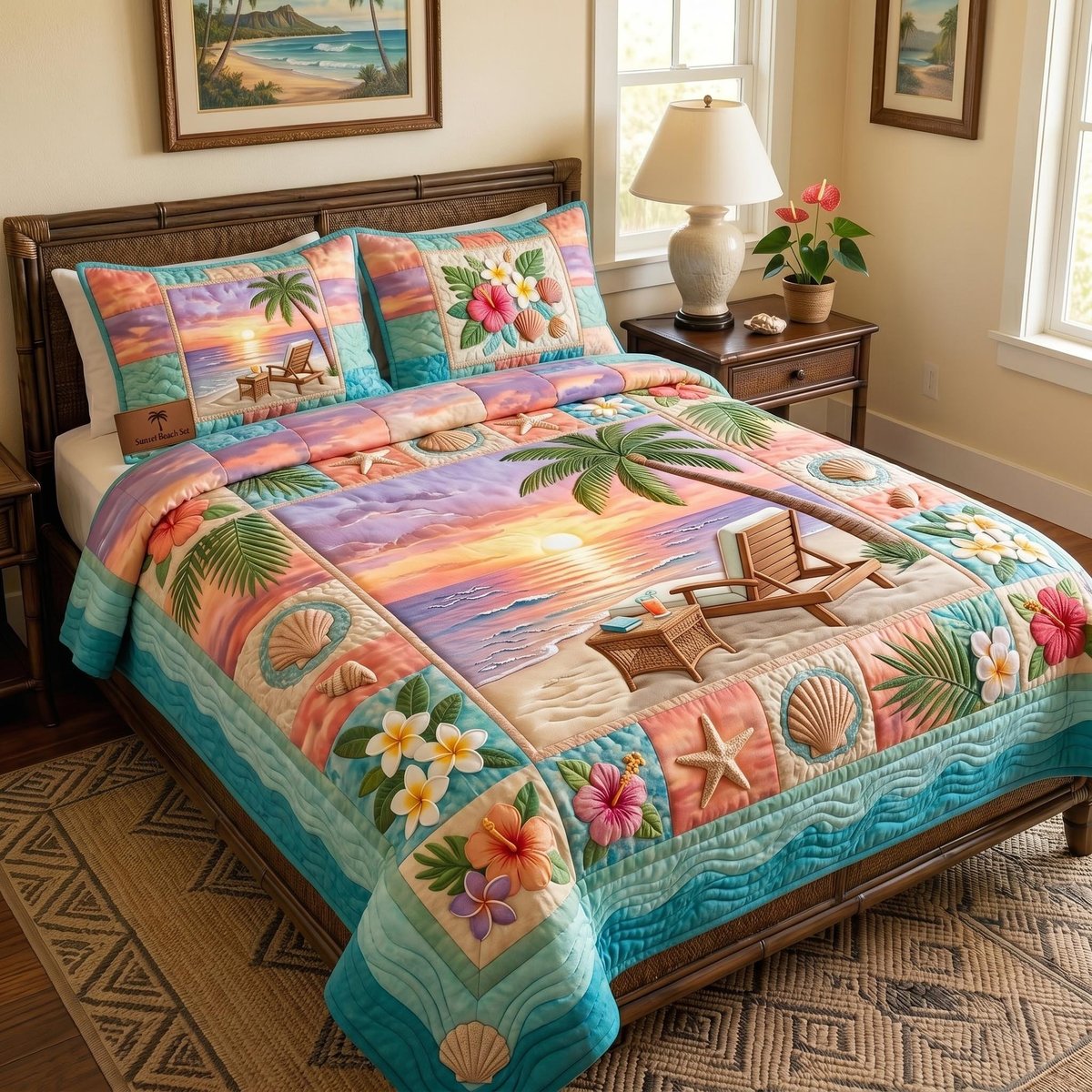 Ocean Whisper Beach 3 Piece Quilted Bedding Set Gift For Beach Lovers