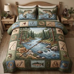 River Catch Set Fishing 3 Piece Quilted Bedding Set Gift For Fishing Lovers