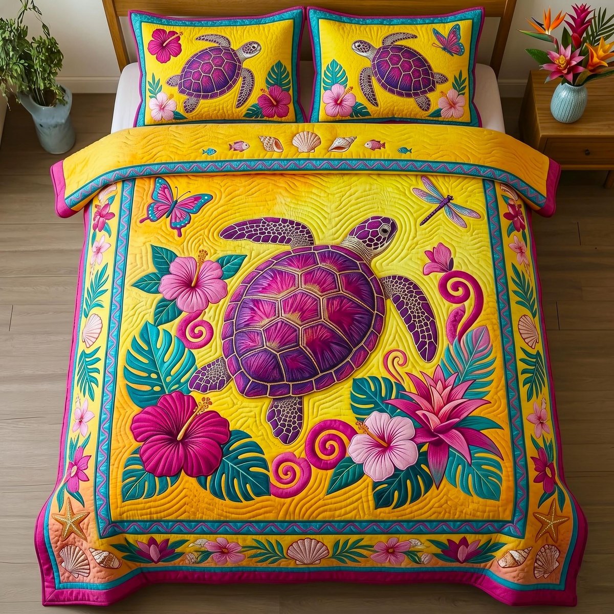 Coastal Turtle Beach 3 Piece Quilted Bedding Set Gift For Turtle Lovers