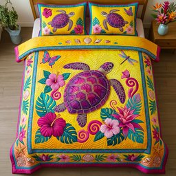 Coastal Turtle Beach 3 Piece Quilted Bedding Set Gift For Turtle Lovers