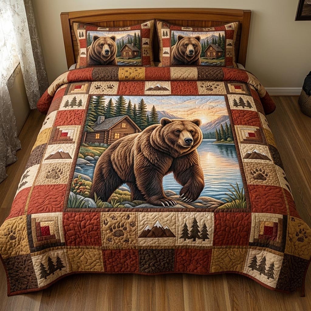 Wilderness Bear 3 Piece Quilted Bedding Set Gift For Bear Lovers