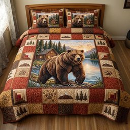 Wilderness Bear 3 Piece Quilted Bedding Set Gift For Bear Lovers
