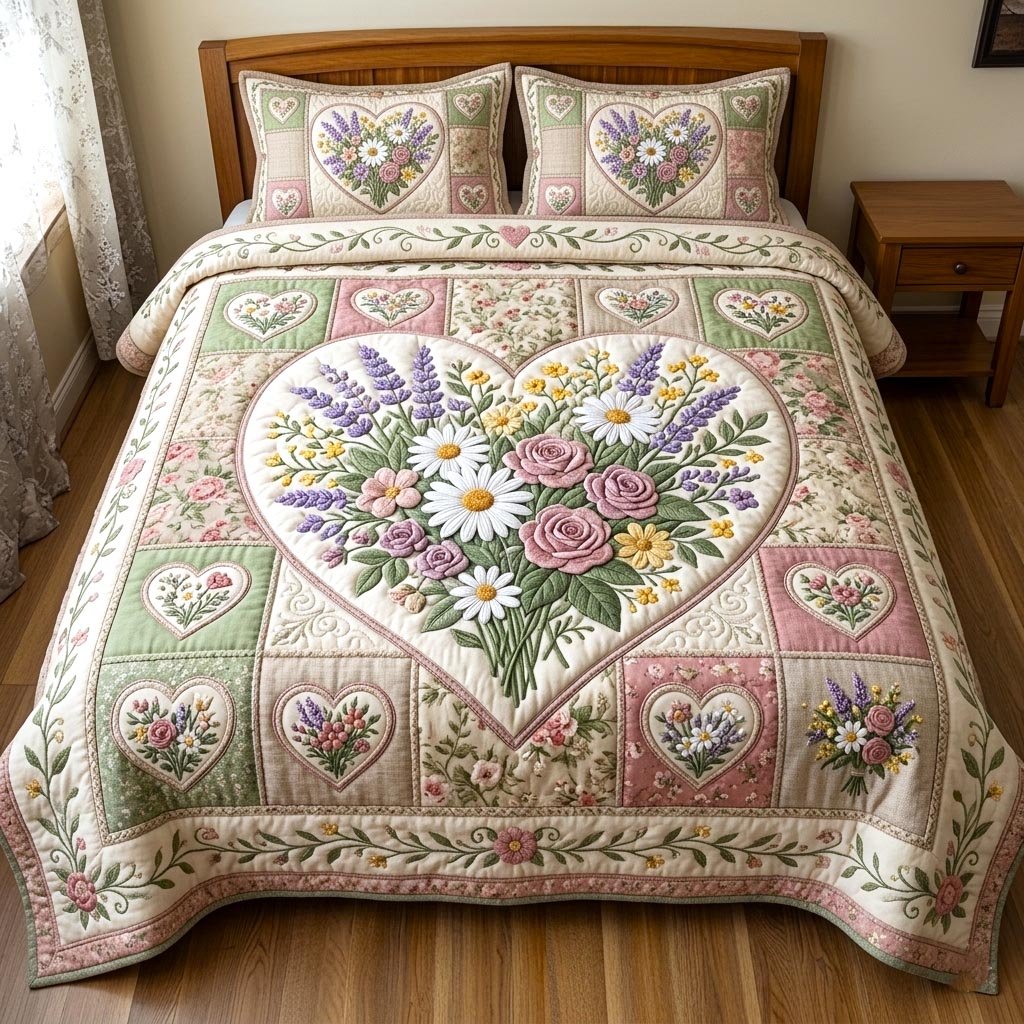 Floral Patchwork 3 Piece Quilted Bedding Set Gift For Flower Lovers