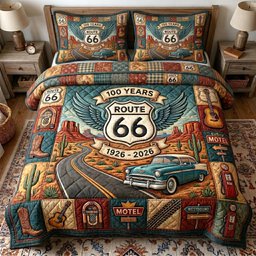 Route 66 Centennial 3 Piece Quilted Bedding Set Gift For Home Decor Lovers