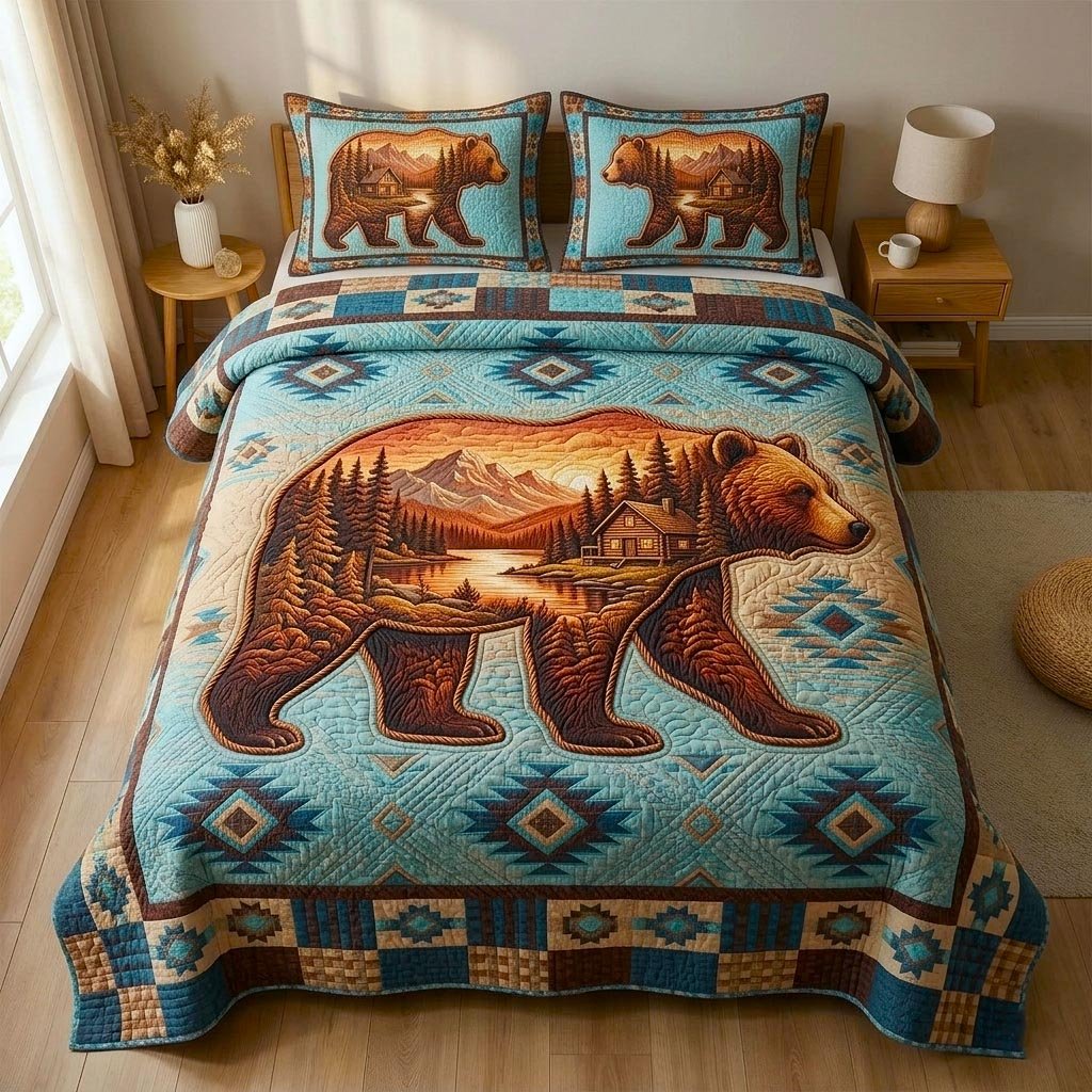 Woodland Lodge Bear 3 Piece Quilted Bedding Set Gift For Nature Lovers