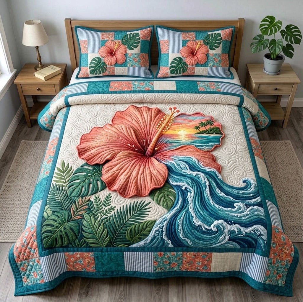 Summer Hibiscus 3 Piece Quilted Bedding Set Gift For Beach Lovers