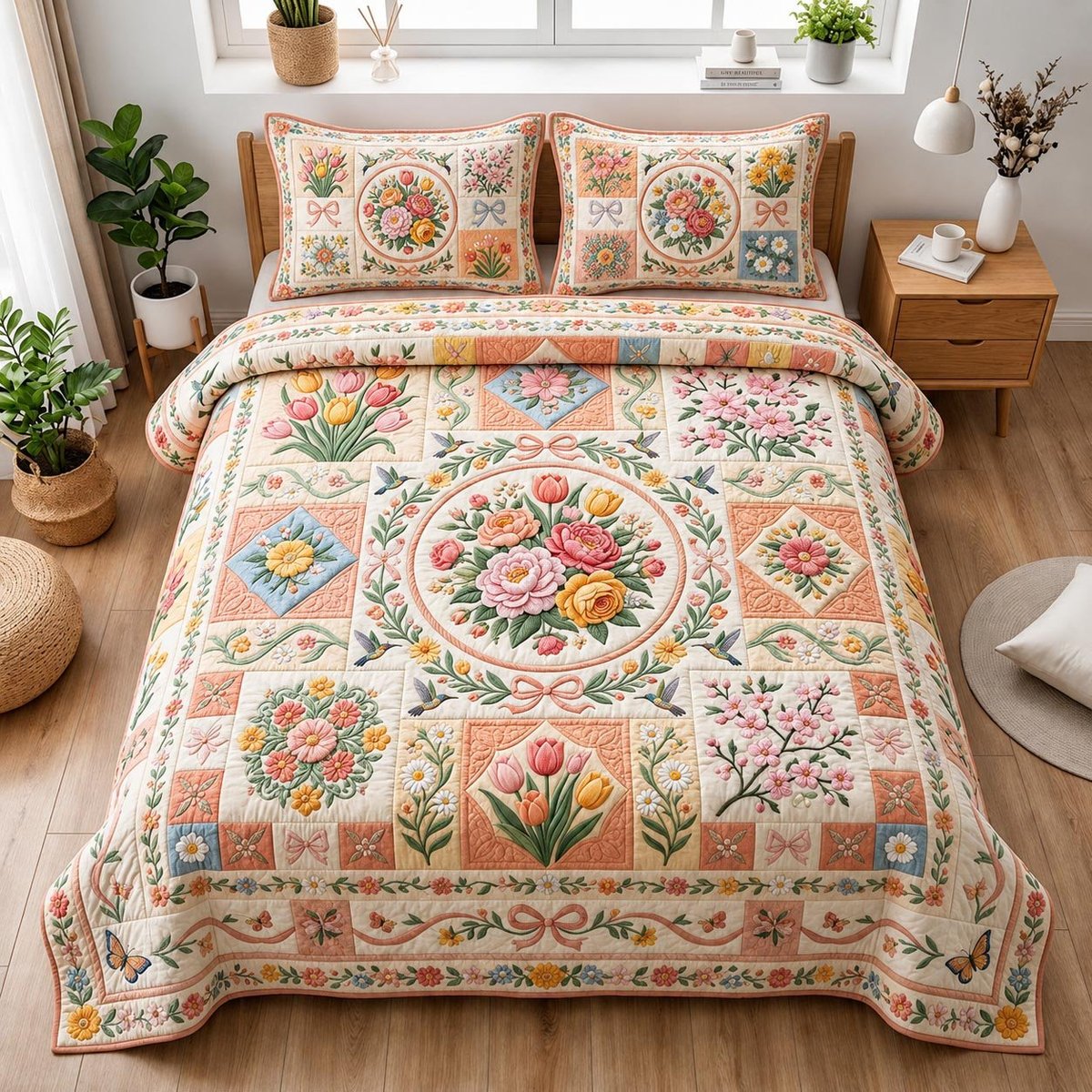 Petal Garden 3 Piece Quilted Bedding Set Gift For Flower Lovers