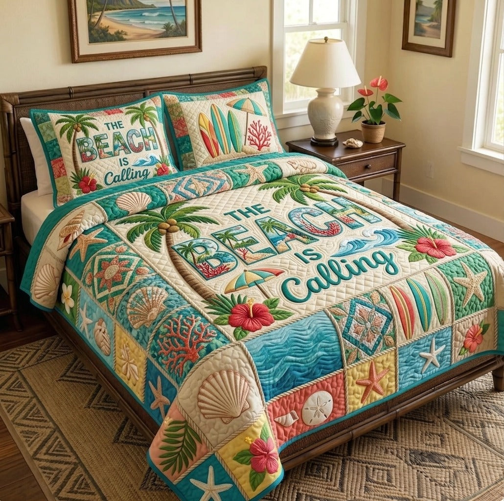 Summer Escape 3 Piece Quilted Bedding Set Gift For Beach Lovers