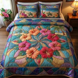 Summer Hibiscus 3 Piece Quilted Bedding Set Gift For Beach Lovers