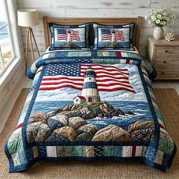 Coastal Glow Nautical 3 Piece Quilted Bedding Set Gift For Beach Lovers